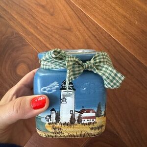 Hand painted Blue Glass Lighthouse Tee Light Candle Holder